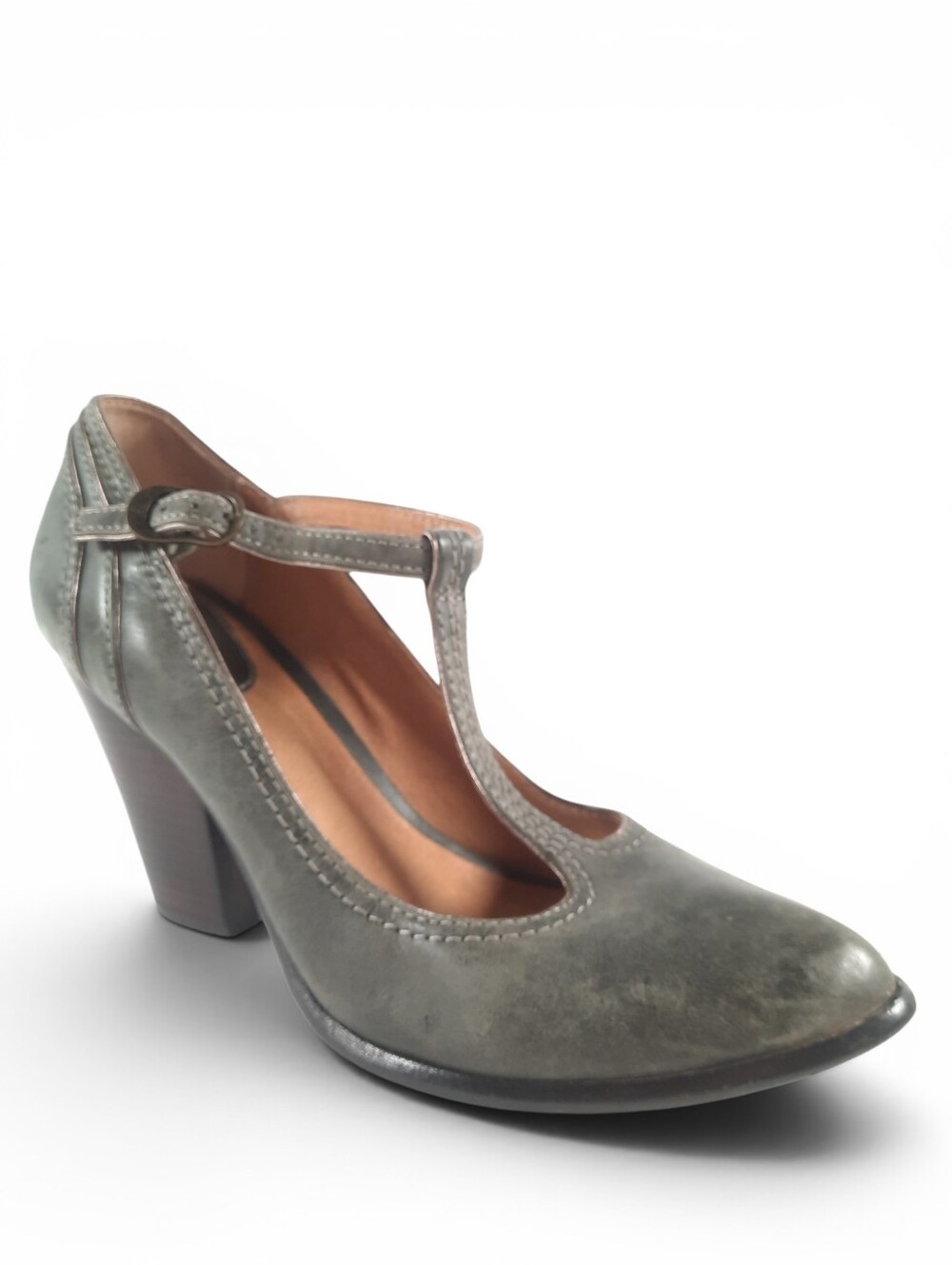 FRYE Vintage Inspired Heels T Strap Distressed Leather Olive Green Mary Jane 9.5